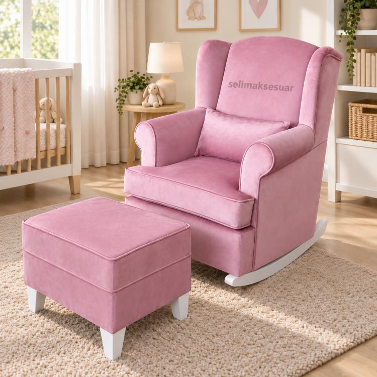 Kayık Pembe Beyaz Sallanan Emzirme Koltuğu ve Puf