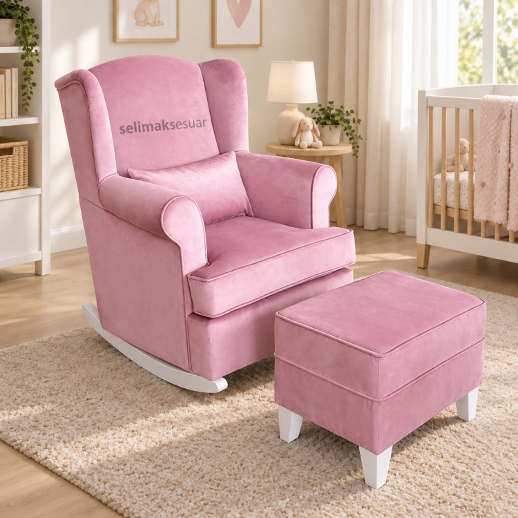 Kayık Pembe Beyaz Sallanan Emzirme Koltuğu ve Puf