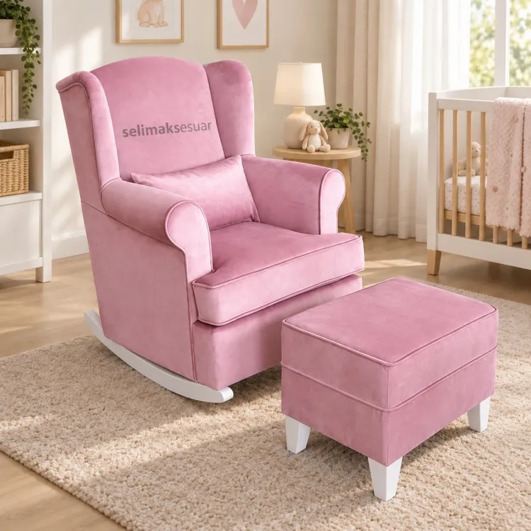Kayık Pembe Beyaz Sallanan Emzirme Koltuğu ve Puf